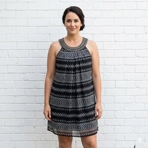 E-vie Beaded Neckline Shift Dress Womens 14 Black Geometric Ikat‎ Print Mini